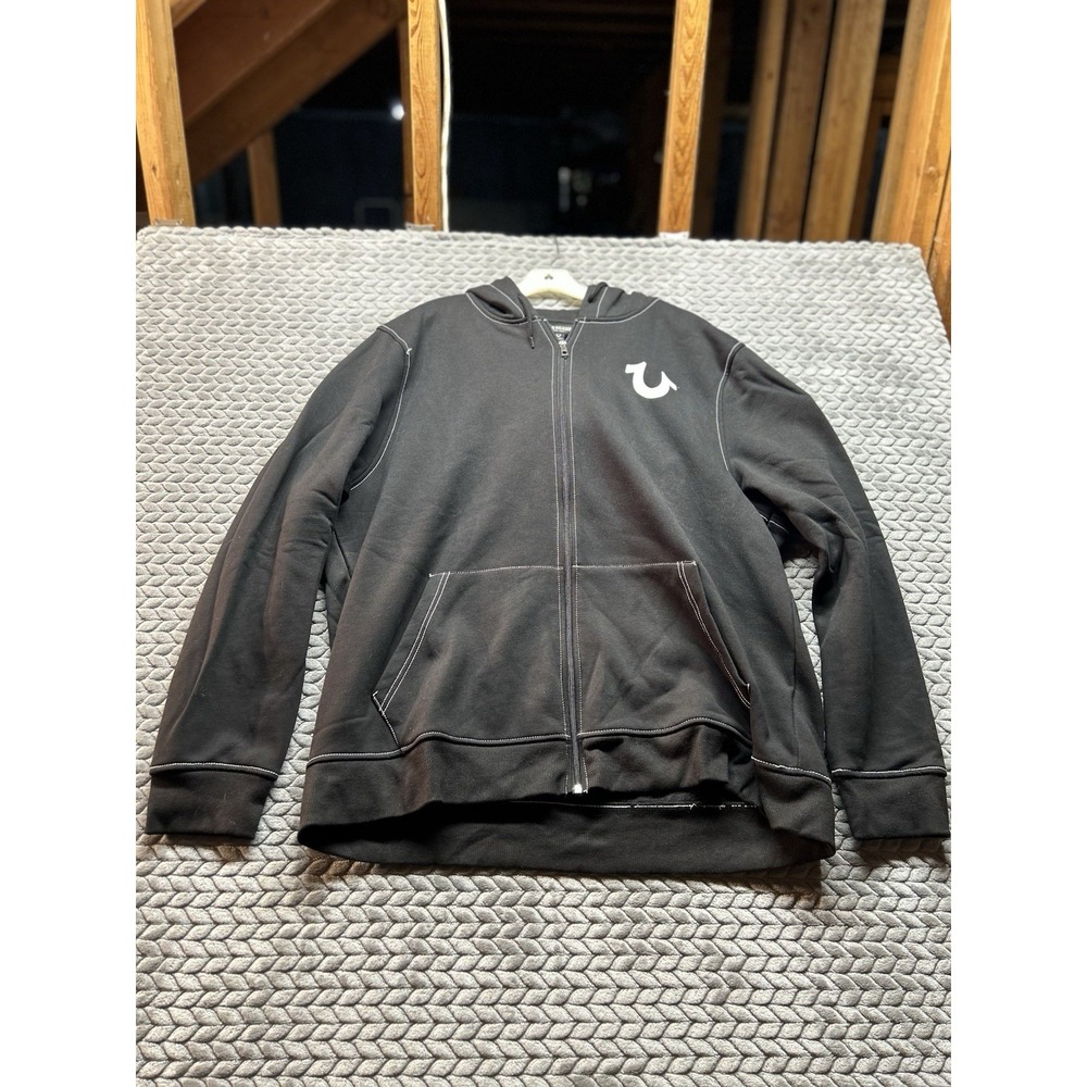 True Religion Hoodie Mens 3XL Black Buddha Graphic Full Zip Logo Sweatshirt